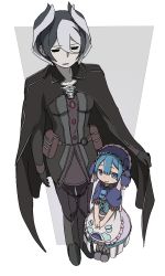 Rule 34 | 1boy, 1girl, absurdres, apron, black cape, black eyes, black footwear, black gloves, black hair, black jacket, black pants, blue eyes, blue hair, bright pupils, cape, capelet, child, dress, foreshortening, gloves, grey hair, hair between eyes, highres, jacket, jitome, looking at viewer, made in abyss, maid, maid apron, maruruk, mi (pic52pic), multicolored hair, ozen, pants, parted lips, pouch, puffy short sleeves, puffy sleeves, shared cape, shared clothes, shoes, short hair, short sleeves, smile, standing, trap, two-tone hair, underbust, whistle