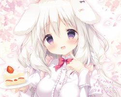 Rule 34 | 1girl, :d, amairo chocolata, animal ears, blush, bow, bowtie, breasts, cake, cake slice, center frills, collared shirt, commentary request, dog ears, floral background, flower, food, frills, fruit, hair between eyes, hair flower, hair ornament, hands up, head tilt, holding, holding plate, juliet sleeves, long hair, long sleeves, looking at viewer, low twintails, medium breasts, misono ichika, open mouth, petals, plate, puffy sleeves, purple eyes, red bow, red bowtie, shiratama (shiratamaco), shirt, smile, solo, strawberry, strawberry shortcake, translation request, twintails, upper body, white flower, white shirt