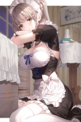 Rule 34 | 1girl, absurdres, apron, armpit cutout, blurry, blurry background, braid, breasts, cleavage, clothing cutout, commentary, english commentary, green eyes, highres, indoors, kfr, large breasts, letterboxed, long hair, looking at viewer, maid headdress, original, photoshop (medium), ponytail, sitting, solo, thighhighs, waist apron, wariza, white thighhighs, wrist cuffs, zettai ryouiki