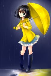 Rule 34 | 10s, 1girl, another, artist request, black hair, blue eyes, boots, drawfag, heterochromia, highres, looking at viewer, misaki mei, pigeon-toed, rain, raincoat, red eyes, rubber boots, short hair, skirt, smile, solo, umbrella