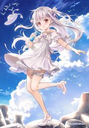 Rule 34 | 1girl, bare shoulders, blue sky, blush, bottle, closed mouth, cloud, commentary request, day, dress, fujima takuya, full body, grey hair, hat, hat ribbon, high heels, holding, holding bottle, isekai ni tobasaretara papa ni nattandaga, long hair, looking at viewer, off-shoulder dress, off shoulder, orurea (isepapa), outdoors, red eyes, ribbon, shoes, sky, smile, solo, standing, standing on one leg, twitter username, two side up, very long hair, water bottle, white dress, white footwear, white hat