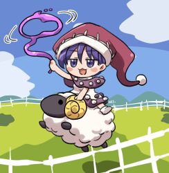 Rule 34 | 1girl, :3, :d, arm up, blue eyes, blue hair, blush stickers, capelet, day, doremy sweet, fence, hair between eyes, hat, highres, holding lasso, jitome, lasso, nightcap, open mouth, outdoors, pom pom (clothes), riding, riding animal, rokugou daisuke, sheep, smile, solo, touhou