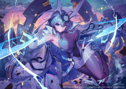 Rule 34 | 1girl, absurdly long hair, armpits, azur lane, black footwear, blue eyes, blue hair, bodystocking, breasts, center opening, cleavage, closed mouth, cloud, cloudy sky, coat, coat on shoulders, commentary request, covered navel, dress, dual wielding, elbow gloves, energy sword, gesoking, gloves, hair between eyes, hair intakes, headgear, high heels, highres, holding, holding sword, holding weapon, large breasts, long hair, looking at viewer, new jersey (azur lane), ocean, official art, outdoors, rigging, see-through, see-through cleavage, sidelocks, sky, smile, solo, standing, standing on liquid, standing on one leg, sunset, sword, torn bodystocking, torn clothes, very long hair, weapon, white dress, white gloves