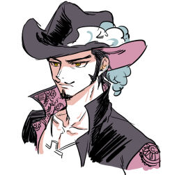 Rule 34 | 1boy, black hair, black headwear, black jacket, collarbone, cross, cross necklace, dracule mihawk, facial hair, floral print, goatee, hat feather, high collar, jacket, jewelry, kitami (crotti), male focus, mustache, necklace, one piece, open clothes, open jacket, ringed eyes, short hair, sideburns, simple background, sketch, two-sided fabric, white background, yellow eyes