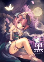 Rule 34 | 1girl, adapted costume, ankle ribbon, bare shoulders, blue kimono, blurry, blush, breasts, breath, bug, butterfly, chii (tsumami tsumamare), cleavage, colored eyelashes, depth of field, frilled kimono, frills, full moon, glowing butterfly, hair between eyes, half-closed eyes, hand on own chest, hat, highres, hitodama, insect, japanese clothes, kimono, knee up, leg ribbon, looking at viewer, medium breasts, mob cap, moon, night, night sky, obi, off shoulder, parted lips, petals, pink eyes, pink hair, ribbon, rope, saigyouji yuyuko, sash, shimenawa, short hair, short kimono, sitting, sky, solo, tabi, thigh ribbon, thighs, touhou, triangular headpiece