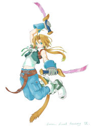 Rule 34 | 1boy, absurdres, aqua hair, arm up, bare shoulders, belt, blonde hair, blue pants, boots, dagger, dual wielding, fighting stance, final fantasy, final fantasy ix, frilled shirt collar, frills, full body, gloves, green ribbon, green vest, highres, holding, holding dagger, holding knife, holding weapon, jumping, knife, long hair, looking at viewer, low ponytail, male focus, mare (pixiv), midriff peek, monkey tail, navel, neck ribbon, open mouth, outstretched arm, pants, parted bangs, pocket, ribbon, shirt, sleeveless, sleeveless shirt, solo, tail, vest, weapon, white background, white shirt, zidane tribal