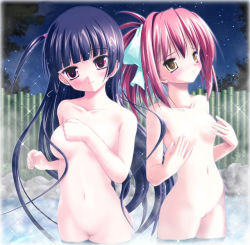 Rule 34 | 2girls, breasts, brown eyes, fence, multiple girls, nude, onsen, purple hair, pussy, red eyes, red hair, small breasts, sparkle, uncensored