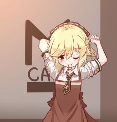 Rule 34 | 1girl, arms up, black neckwear, blonde hair, blush, brown background, brown dress, closed mouth, collared shirt, dress, girls&#039; frontline, hair between eyes, hair tie, hair tie in mouth, highres, long hair, looking away, looking to the side, matsuo (matuonoie), mouth hold, nagant revolver (girls&#039; frontline), one eye closed, shirt, short sleeves, sleeveless, sleeveless dress, smile, solo, white shirt
