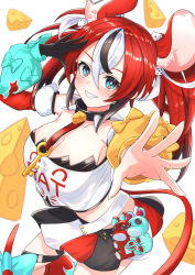 Rule 34 | 1girl, absurdres, animal ear fluff, animal ears, bare shoulders, black gloves, black hair, black skirt, blue bow, blue eyes, blush, bow, breasts, cheese, cleavage, collar, crop top, detached sleeves, dice hair ornament, food, gloves, grin, hair between eyes, hair ornament, hakos baelz, heckler kai, highres, hololive, hololive english, key, large breasts, long sleeves, looking at viewer, midriff, miniskirt, mouse ears, mouse girl, mouse tail, multicolored clothes, multicolored hair, multicolored skirt, outstretched arm, pleated skirt, puffy long sleeves, puffy sleeves, red hair, red legwear, red skirt, sharp teeth, shirt, single glove, skirt, sleeveless, sleeveless shirt, smile, solo, spiked collar, spikes, streaked hair, stuffed animal, stuffed mouse, stuffed toy, tail, teeth, thigh strap, twintails, virtual youtuber, white hair, white skirt, yellow bow