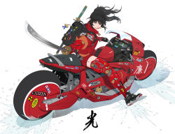 Rule 34 | 1girl, akira (manga), android, backpack, bag, biting, black footwear, black hair, buckle, carabiner, commentary, english commentary, floating hair, food, foreshortening, from side, full body, goggles, grin, high collar, highres, holding, holding sword, holding weapon, jacket, kaneda shoutarou&#039;s bike, katana, long hair, looking at viewer, mechanical arms, mechanical legs, mega man (series), mega man legends (series), mixed-language commentary, motor vehicle, motorcycle, mouth hold, original, outstretched arm, park junkyu, ponytail, prosthesis, prosthetic leg, red jacket, red legwear, red shorts, red theme, riding, shards, shorts, simple background, skewer, sleeves past wrists, smile, smirk, snap-fit buckle, solo, splatter, sport bike, sticker, stuffed toy, sword, sword behind back, uneven eyes, unsheathed, unworn goggles, weapon, white background