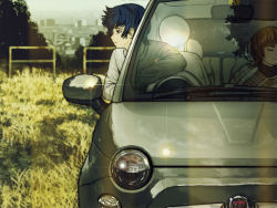 Rule 34 | 1boy, 1girl, blue eyes, blue hair, brown hair, car, casual, closed eyes, couple, fiat, fiat 500, hetero, horuda, kaito (vocaloid), meiko (vocaloid), motor vehicle, product placement, reflection, short hair, sleeping, vehicle, vehicle focus, vocaloid