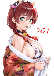 Rule 34 | 1girl, 2021, animal ears, animal print, bare shoulders, bell, bikini, braid, breasts, cow ears, cow horns, cow print, cowbell, emma verde, fake animal ears, fake horns, freckles, from side, green eyes, hair between eyes, highres, horns, japanese clothes, kimono, large breasts, looking at viewer, love live!, love live! nijigasaki high school idol club, sankuro (agoitei), simple background, skindentation, swimsuit, tongue, tongue out, twin braids, underboob, upper body, white background