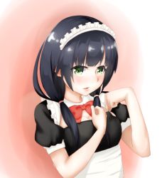 Rule 34 | 10s, 1girl, black hair, blush, bow, bowtie, green eyes, looking at viewer, low twintails, maid, maid headdress, miken, portrait, red bow, red bowtie, shirobako, simple background, solo, twintails, yasuhara ema