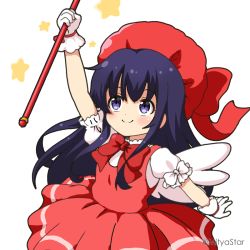 Rule 34 | 1girl, akatsuki (kancolle), arm up, blush, bow, cardcaptor sakura, closed mouth, commentary request, cosplay, dress, gloves, hair between eyes, holding, kantai collection, kinomoto sakura, kinomoto sakura (cosplay), long hair, mitya, pleated dress, puffy short sleeves, puffy sleeves, purple eyes, purple hair, red dress, red headwear, shirt, short sleeves, simple background, sleeveless, sleeveless dress, smile, solo, star (symbol), twitter username, very long hair, white background, white bow, white gloves, white shirt, white wings, wings