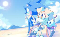 Rule 34 | 1boy, 1girl, :&gt;, absurdres, animal nose, arm at side, blue eyes, blue fur, blue hair, blue neckerchief, blue sky, blush, body fur, bow, bowtie, chao (sonic), cheese (sonic), child, closed mouth, cloud, collared dress, cream the rabbit, day, desert, dress, dutch angle, flat chest, floating, from side, full body, furry, furry female, furry male, gloves, hand on own hip, happy, highres, interlocked fingers, long ears, long hair, looking up, mountainous horizon, multicolored fur, nano (nanolovesyou), neckerchief, orange dress, orange eyes, orange fur, outdoors, own hands together, profile, rabbit ears, rabbit girl, rabbit tail, red bow, red bowtie, red footwear, shoes, short dress, sideways mouth, sky, sleeveless, sleeveless dress, smile, socks, sonic (series), sonic the hedgehog, spiked hair, standing, sun, traditional bowtie, white fur, white gloves, white socks, yellow fur
