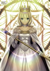 Rule 34 | 1girl, absurdres, ahoge, artoria pendragon (all), artoria pendragon (fate), blonde hair, bow, cape, choker, crown, dress, elbow gloves, fate/stay night, fate (series), fur trim, gloves, glowing, green eyes, highres, huge filesize, official alternate costume, official art, queen, saber (fate), scan, scepter, smile, takeuchi takashi, white dress, white gloves