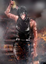 Rule 34 | absurdres, angry, armpit hair, bandages, belt, biceps, burn scar, burning, burnt clothes, fire, glasses, highres, jujutsu kaisen, leather, leather pants, muscular, muscular arms, muscular female, pants, scar, scar on face, severed head, short hair, sparks, sweat, sword, weapon, zen&#039;in maki, zenin maki