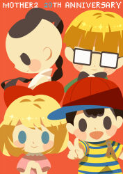 Rule 34 | 1girl, 3boys, anniversary, backpack, bag, black bow, black bowtie, black hair, blue eyes, blush stickers, bow, bowl cut, bowtie, braid, dress, freckles, glasses, hitofutarai, jeff andonuts, looking at viewer, mother (game), mother 2, multiple boys, ness (mother 2), nintendo, open mouth, paula (mother 2), pink dress, poo (mother 2), red background, shirt, smile, striped clothes, striped shirt, v