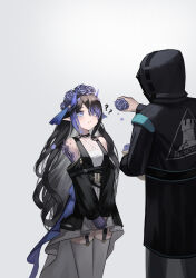 Rule 34 | 1girl, 1other, ?, ??, absurdres, arknights, bare shoulders, black coat, black dress, black gloves, black hair, blue eyes, closed mouth, coat, coral, doctor (arknights), dress, flower, garter straps, gloves, gradient hair, grey thighhighs, hair flower, hair ornament, hair over one eye, highmore (arknights), highres, holding, holding flower, hood, hood up, hooded coat, kimsuwan2013, layered dress, long hair, long sleeves, multicolored hair, own hands together, photoshop (medium), pointy ears, purple flower, purple hair, purple rose, rhodes island logo (arknights), rose, single glove, thighhighs, v arms, very long hair, white dress, zettai ryouiki