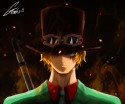 Rule 34 | 1boy, absurdres, black hat, blonde hair, closed mouth, commentary, english commentary, gabskk, goggles, goggles on headwear, hat, hat over one eye, highres, lead pipe, looking at viewer, male focus, one piece, sabo (one piece), scar, scar across eye, scar on face, short hair, signature, solo, top hat, weapon, weapon on back