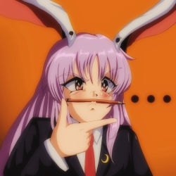 Rule 34 | ..., 1girl, animal ears, black jacket, blazer, blouse, collared shirt, hand on own face, highres, jacket, light purple hair, lips, long hair, necktie, orange background, pencil, pencil as mustache, purple hair, rabbit ears, rabbit girl, red eyes, red necktie, reisen udongein inaba, shirt, simple background, solo, step arts, thinking, touhou, very long hair, white shirt