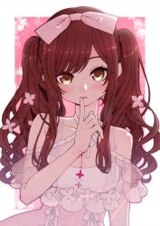 Rule 34 | 1girl, alternate costume, bare shoulders, bow, breasts, brown hair, cleavage, finger to mouth, hair bow, hanauna, highres, idolmaster, idolmaster shiny colors, long hair, looking at viewer, medium breasts, osaki amana, pink bow, solo, twintails, upper body, yellow eyes