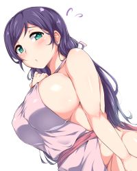 Rule 34 | 10s, 1girl, apron, bad id, bad pixiv id, blush, breasts, curvy, green eyes, hand on own chest, highres, large breasts, long hair, looking to the side, love live!, love live! school idol project, moisture (chichi), naked apron, open mouth, purple hair, sideboob, solo, tojo nozomi