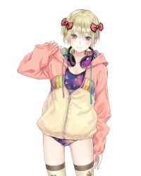 Rule 34 | 1girl, blonde hair, bow, breasts, brown eyes, cowboy shot, hair bow, headphones, headphones around neck, highres, jacket, kishida mel, long sleeves, medium breasts, motoyo rokuma, no pants, official art, school fanfare, short hair, solo, swimsuit, swimsuit under clothes, thighhighs, transparent background, white background