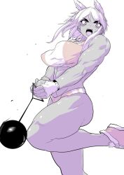 Rule 34 | 1girl, abs, animal ears, breasts, exercising, fingerless gloves, gloves, gym uniform, hammer throw, highres, large breasts, long bangs, looking at viewer, muscular, muscular female, nakamatada1, open mouth, original, shoes, shouting, sneakers, tank top, thick thighs, thighs, white background