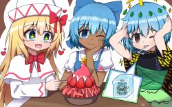 Rule 34 | + +, 3girls, absurdres, antennae, aqua hair, bad id, bad pixiv id, blonde hair, blue bow, blue dress, blue eyes, blue hair, bow, brown eyes, butterfly wings, capelet, chaleu, cirno, closed mouth, collared shirt, dark-skinned female, dark skin, dress, drooling, eternity larva, fairy, flower, food, fruit, green dress, hair between eyes, hair bow, hat, heart, highres, holding, holding spoon, insect wings, korean commentary, leaf, leaf on head, lightning bolt symbol, lily white, long hair, long sleeves, mouth drool, multicolored clothes, multicolored dress, multiple girls, one eye closed, open mouth, shaved ice, shirt, short hair, short sleeves, signature, single strap, smile, spoon, strawberry, sunflower, tanned cirno, touhou, white capelet, white dress, white headwear, white shirt, wings, yellow flower