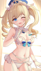 Rule 34 | 1girl, :d, aqua bow, barbara (genshin impact), blonde hair, blue eyes, blush, bow, bow bra, bra, braid, breasts, cameltoe, cleavage, detached collar, finger to mouth, frilled bra, frills, garter belt, garter straps, genshin impact, gloves, gluteal fold, half gloves, highres, icwine, lingerie, looking at viewer, medium breasts, multicolored bow, multiple straps, navel, one eye closed, open mouth, panties, pointing, pointing up, shushing, skindentation, sleeveless, smile, solo, sparkle, sunlight, teeth, thighhighs, twin braids, twintails, twitter username, two-tone headwear, underwear, upper teeth only, white gloves, white panties, white thighhighs, window