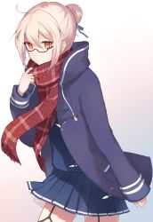 Rule 34 | 1girl, absurdres, arm at side, artoria pendragon (all), artoria pendragon (fate), blonde hair, blue ribbon, blue skirt, braid, checkered clothes, checkered scarf, coat, cowboy shot, drawstring, duffel coat, fate/grand order, fate (series), french braid, fringe trim, garter straps, glasses, gradient background, hair between eyes, hair bun, hair ribbon, hand up, highres, hood, hood down, hooded coat, looking at viewer, mysterious heroine x alter (fate), mysterious heroine x alter (first ascension) (fate), neckerchief, open clothes, open coat, parted lips, pleated skirt, red neckerchief, red scarf, ribbon, saber (fate), scarf, scarf pull, school uniform, semi-rimless eyewear, serafuku, shiba inu (happy13227), sidelocks, single hair bun, skirt, solo, under-rim eyewear, yellow eyes