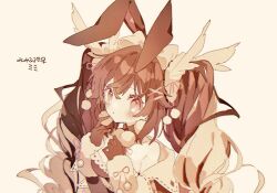 Rule 34 | 1girl, animal ears, blush, brown choker, brown gloves, brown hair, choker, closed mouth, creatures (company), game freak, gen 4 pokemon, gloves, hibi89, long hair, looking at viewer, lopunny, nintendo, personification, pink eyes, pokemon, rabbit ears, simple background, solo, twintails, upper body, white background, wing hair ornament