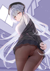 Rule 34 | 1girl, absurdres, arms behind back, ass, azur lane, black headwear, black pantyhose, black skirt, black sweater, blush, breasts, classic (zildjian33), cleavage, cowboy shot, crossed legs, highres, large breasts, looking at viewer, naughty face, official alternate costume, pantyhose, red eyes, school uniform, scylla (azur lane), scylla (femme fatale fresher) (azur lane), shirt, skirt, smile, solo, stairs, sweater, twintails, white hair, white shirt
