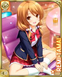 Rule 34 | 1girl, :d, bedroom, blazer, blue jacket, bow, bowtie, brown eyes, brown hair, card (medium), day, girlfriend (kari), jacket, looking at viewer, low twintails, official art, open clothes, open jacket, open mouth, outdoors, plaid, plaid skirt, pleated skirt, qp:flapper, red bow, red skirt, school uniform, shirt, sitting, skirt, smile, socks, solo, table, tagme, tamai remi, twintails, white shirt