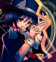 Rule 34 | 1girl, adjusting clothes, adjusting gloves, black capelet, black hair, black skirt, capelet, demigonx, fedora, glove in mouth, gloves, hair between eyes, hat, hat ribbon, highres, long sleeves, looking at viewer, magic circle, mouth hold, necktie, red eyes, red necktie, ribbon, shirt, short hair, skirt, solo, touhou, usami renko, white gloves, white shirt