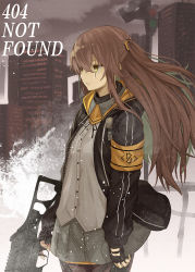 Rule 34 | 1girl, 404 (girls&#039; frontline), black gloves, black jacket, brown eyes, building, closed mouth, commentary request, english text, fingerless gloves, from side, girls&#039; frontline, gloves, grey skirt, gun, h&amp;k ump, h&amp;k ump, holding, holding gun, holding weapon, jacket, numazume, one side up, open clothes, open jacket, outdoors, pantyhose, pleated skirt, scar, scar across eye, scar on face, shirt, skirt, solo, standing, ump45 (girls&#039; frontline), weapon, white shirt