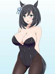 Rule 34 | 1girl, animal ears, arms behind back, bare shoulders, black hair, black leotard, black pantyhose, blue background, blue eyes, bob cut, breasts, cleavage, commentary, covered navel, cowboy shot, ear scrunchie, eishin flash (umamusume), gradient background, highres, horse ears, horse girl, horse tail, large breasts, leotard, looking to the side, neo gyzar, open mouth, pantyhose, playboy bunny, short hair, smile, solo, standing, strapless, strapless leotard, sweatdrop, tail, umamusume
