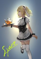 Rule 34 | 1girl, 7nm, :o, absurdres, animal ears, apron, bad id, bad pixiv id, black footwear, black neckwear, black skirt, blonde hair, bolo tie, breasts, center frills, character name, collared shirt, commentary request, cup, fake animal ears, fleur de lapin uniform, floppy ears, frilled apron, frilled cuffs, frilled shirt, frilled skirt, frills, gochuumon wa usagi desu ka?, gradient background, green eyes, highres, holding, holding tray, kettle, kirima syaro, looking at viewer, maid headdress, miniskirt, open mouth, puffy short sleeves, puffy sleeves, rabbit ears, saucer, shirt, short hair, short sleeves, simple background, skirt, small breasts, solo, standing, standing on one leg, tea, thighhighs, tray, two-tone background, underbust, white apron, white shirt, white thighhighs, wing collar, wrist cuffs