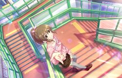 Rule 34 | 1girl, boots, bow, brown hair, game cg, hair bow, high heel boots, high heels, hori yuko, idolmaster, idolmaster cinderella girls, idolmaster cinderella girls starlight stage, jewelry, necklace, official art, ponytail, red eyes, skirt, solo, sparkle, stairs, thighhighs