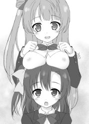 Rule 34 | 10s, 2girls, blush, bow, breast rest, breasts, breasts on head, breasts out, hair bow, kinohara hikaru, kosaka honoka, large breasts, long hair, love live!, love live! school idol project, minami kotori, monochrome, multiple girls, nipples, open mouth, otonokizaka school uniform, school uniform, side ponytail, smile, upper body
