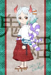 Rule 34 | 1girl, aged down, bandaid, bandaid on face, bandaid on nose, blue hair, child, clenched hand, commentary request, cuffs, dated, erichiyo op, female focus, from side, geta, green hair, hair ornament, hakama, handcuffs, high ponytail, highres, horns, japanese clothes, kimono, looking at viewer, multicolored hair, one piece, orange eyes, ponytail, profile, red hakama, red horns, rope, shimenawa, signature, solo, standing, white hair, white kimono, yamato (one piece)