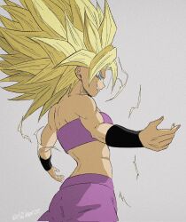 Rule 34 | 1girl, blonde hair, caulifla, dragon ball, dragon ball super, electricity, from behind, green eyes, grey background, highres, maiohneze, muscular, muscular female, outstretched arms, panties, purple panties, purple tube top, solo, spiked hair, spread arms, strapless, super saiyan, super saiyan 2, tube top, underwear