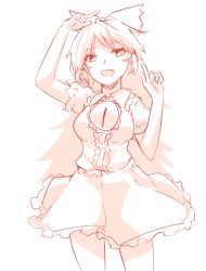 Rule 34 | 1girl, arm up, bow, breasts, cowboy shot, fang, hair bow, hand up, long hair, looking at viewer, medium breasts, miyo (ranthath), monochrome, open mouth, reiuji utsuho, short sleeves, simple background, skirt, solo, third eye, touhou, white background
