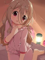 Rule 34 | 1girl, aoba kokona, backpack, bag, barefoot, blurry, blurry background, blush, brown hair, child, collarbone, commentary request, depth of field, dress shirt, hair between eyes, hand up, head tilt, highres, lantern, long hair, looking at viewer, makuran, pajamas, parted lips, pink pajamas, pink shirt, pink shorts, red eyes, shirt, short sleeves, shorts, sitting, solo, tent interior, very long hair, yama no susume