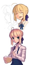 Rule 34 | 1girl, absurdres, ahoge, artoria pendragon (all), artoria pendragon (fate), blonde hair, boa (brianoa), breasts, closed mouth, commentary, dress, fate/stay night, fate (series), green eyes, hair ribbon, highres, looking at viewer, multiple views, neck ribbon, open mouth, ribbon, saber (fate), short hair, smile, transparent background, undone neck ribbon