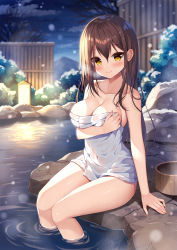 Rule 34 | 1girl, bare arms, bare shoulders, bare tree, breasts, brown eyes, brown hair, cleavage, closed mouth, cloud, collarbone, commentary request, fence, hair between eyes, highres, large breasts, long hair, looking at viewer, mauve, moe2021, mountain, naked towel, night, night sky, onsen, original, outdoors, sitting, sky, smile, snowing, soaking feet, solo, steam, towel, tree, very long hair, water, wet, yellow eyes