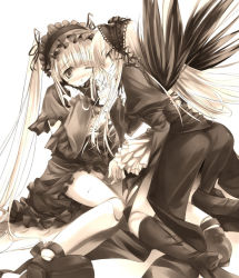 Rule 34 | 00s, 2girls, blush, boots, doll joints, fingering, frills, hairband, incest, joints, lolita fashion, lolita hairband, long hair, looking at another, monochrome, multiple girls, one eye closed, open mouth, parted lips, pussy juice, rozen maiden, shinku, suigintou, sweat, twintails, wings, yuri