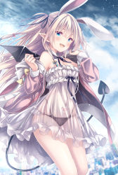 Rule 34 | 1girl, animal ears, bare shoulders, black panties, blonde hair, blue eyes, blush, breasts, cleavage, commentary request, covered navel, demon girl, demon tail, demon wings, dress, fake animal ears, hair ornament, highres, jacket, large breasts, long hair, looking at viewer, navel, off shoulder, open clothes, open jacket, original, panties, pointy ears, rabbit ears, ribbon, ryo (botugo), see-through, sky, smile, solo, tail, tattoo, underwear, wings