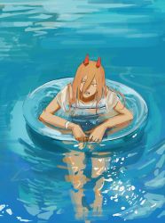 Rule 34 | 1girl, absurdres, bracelet, chainsaw man, hair between eyes, highres, horns, innertube, jewelry, long hair, looking to the side, null (skev7724), open mouth, partially submerged, power (chainsaw man), red horns, sharp teeth, shirt, short sleeves, solo, swim ring, teeth, water, white shirt